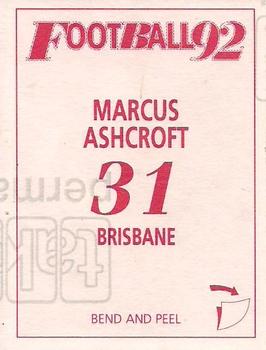1992 Select AFL Stickers #31 Marcus Ashcroft Back